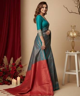 teal blue/red color silk blend saree for graceful ceremonial looks 4