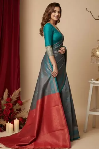 teal blue/red color silk blend saree for graceful ceremonial looks