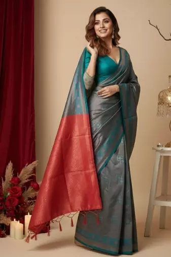 teal blue/red color silk blend saree for graceful ceremonial looks