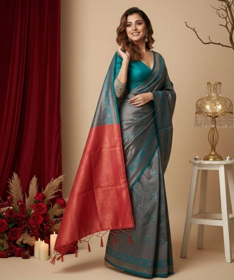 teal blue/red color silk blend saree for graceful ceremonial looks