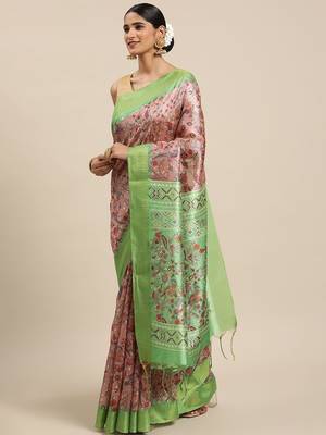 Peach-Coloured & Green Kalamkari Zari Silk Cotton Saree 1