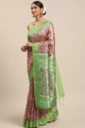 Peach-Coloured & Green Kalamkari Zari Silk Cotton Saree