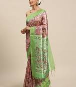 Peach-Coloured & Green Kalamkari Zari Silk Cotton Saree
