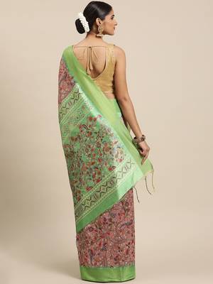 Peach-Coloured & Green Kalamkari Zari Silk Cotton Saree 2