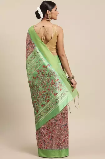 Peach-Coloured & Green Kalamkari Zari Silk Cotton Saree