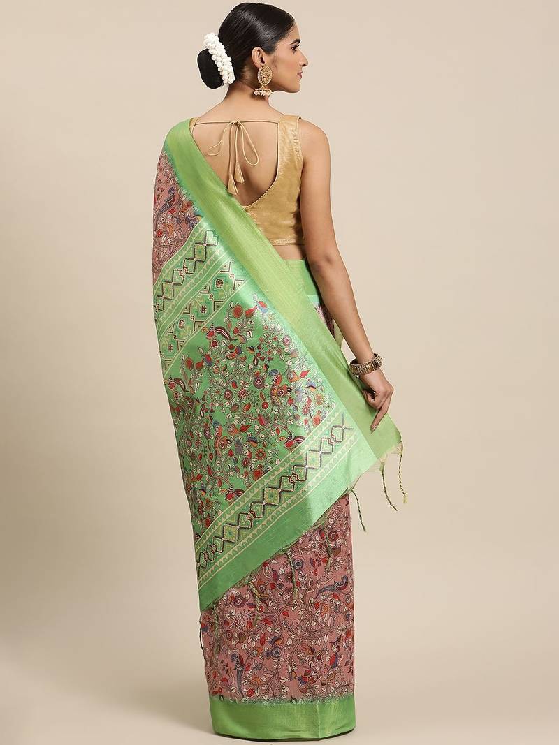 Peach-Coloured & Green Kalamkari Zari Silk Cotton Saree