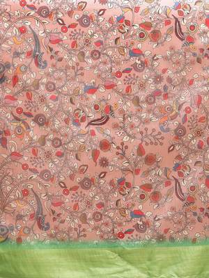 Peach-Coloured & Green Kalamkari Zari Silk Cotton Saree 3