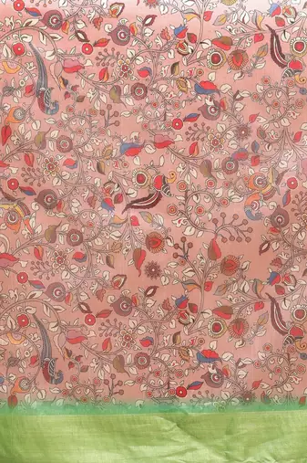 Peach-Coloured & Green Kalamkari Zari Silk Cotton Saree