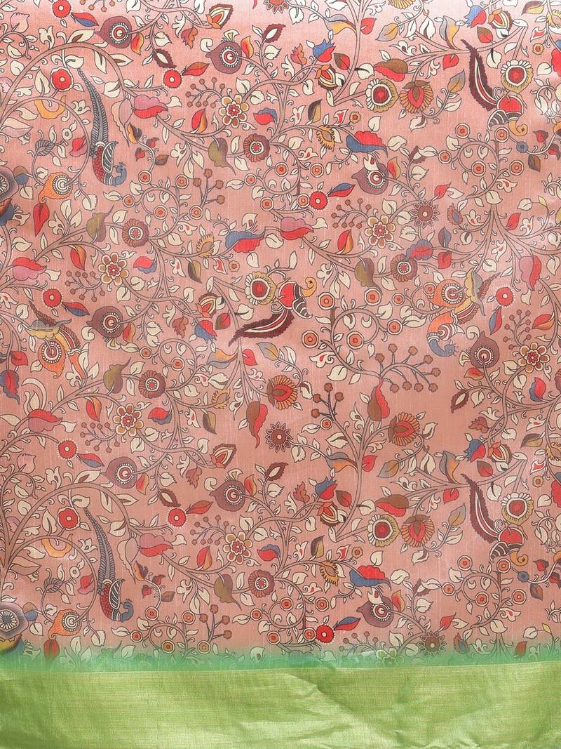 Peach-Coloured & Green Kalamkari Zari Silk Cotton Saree