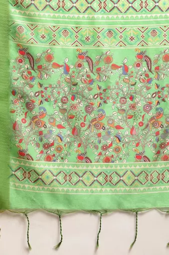 Peach-Coloured & Green Kalamkari Zari Silk Cotton Saree