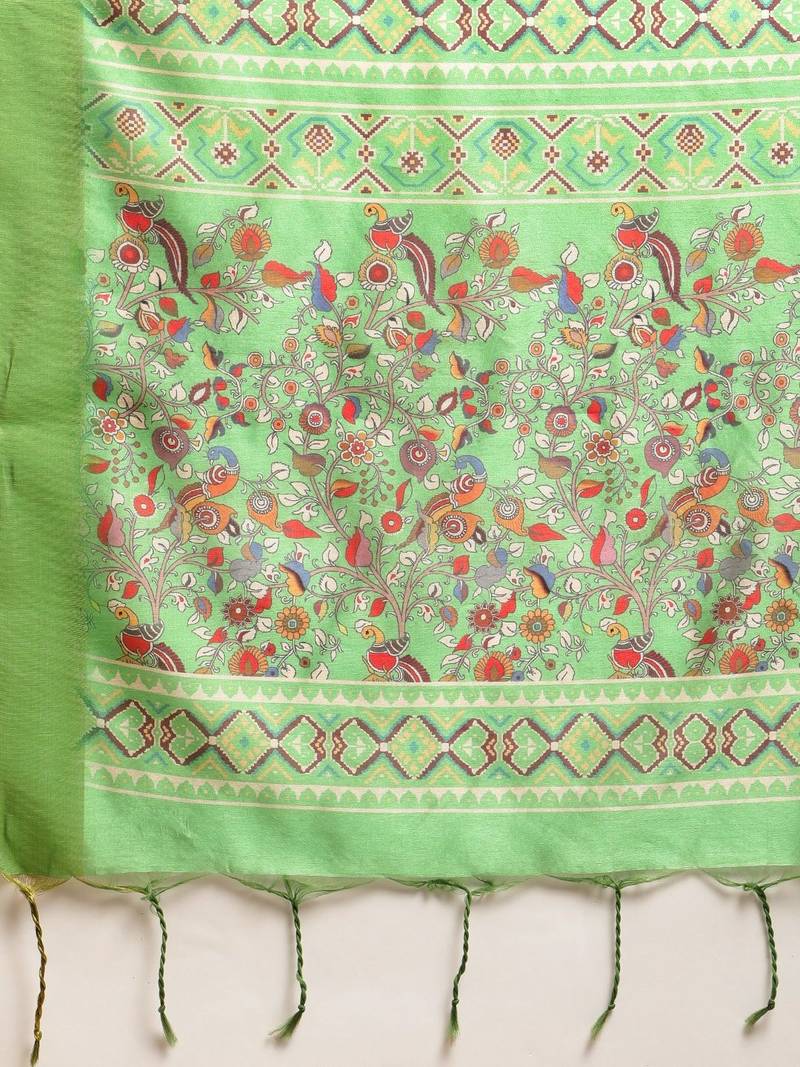 Peach-Coloured & Green Kalamkari Zari Silk Cotton Saree