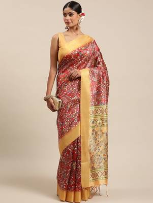 Maroon & Yellow Kalamkari Zari Silk Cotton Tussar Saree 1