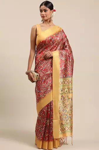 Maroon & Yellow Kalamkari Zari Silk Cotton Tussar Saree