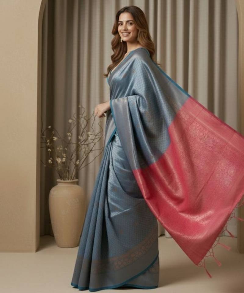 teal blue color silk blend saree for graceful ceremonial looks