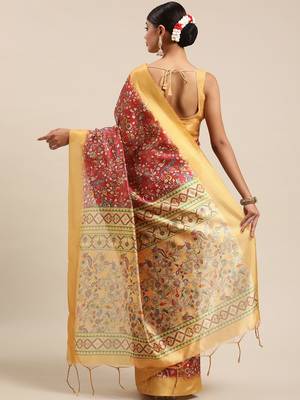 Maroon & Yellow Kalamkari Zari Silk Cotton Tussar Saree 2