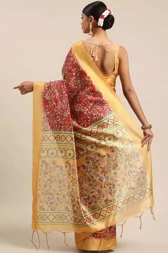 Maroon & Yellow Kalamkari Zari Silk Cotton Tussar Saree