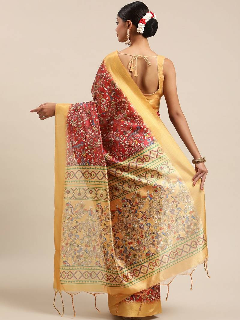 Maroon & Yellow Kalamkari Zari Silk Cotton Tussar Saree