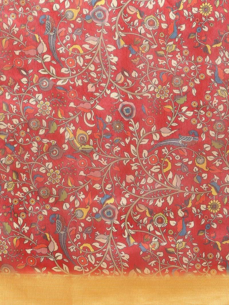 Maroon & Yellow Kalamkari Zari Silk Cotton Tussar Saree