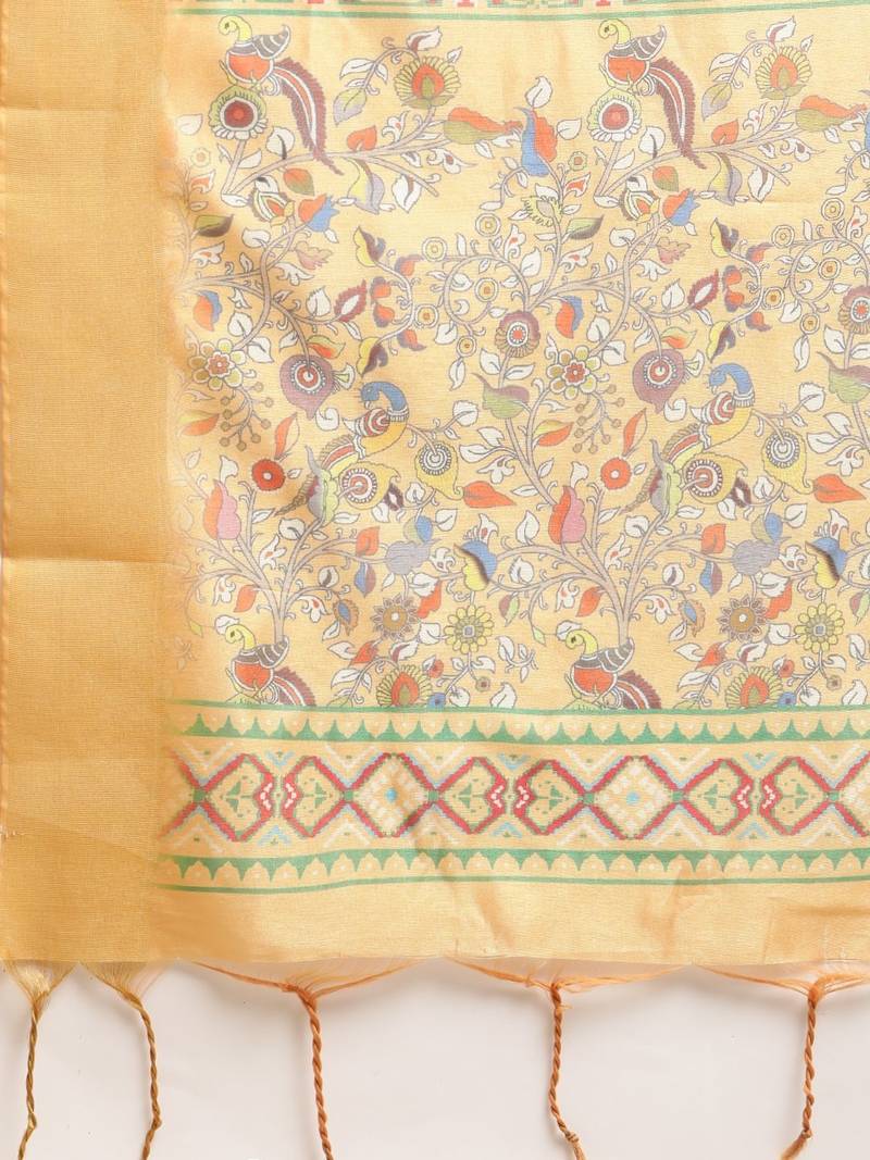 Maroon & Yellow Kalamkari Zari Silk Cotton Tussar Saree