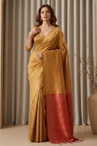 yellow color silk blend saree for graceful ceremonial looks