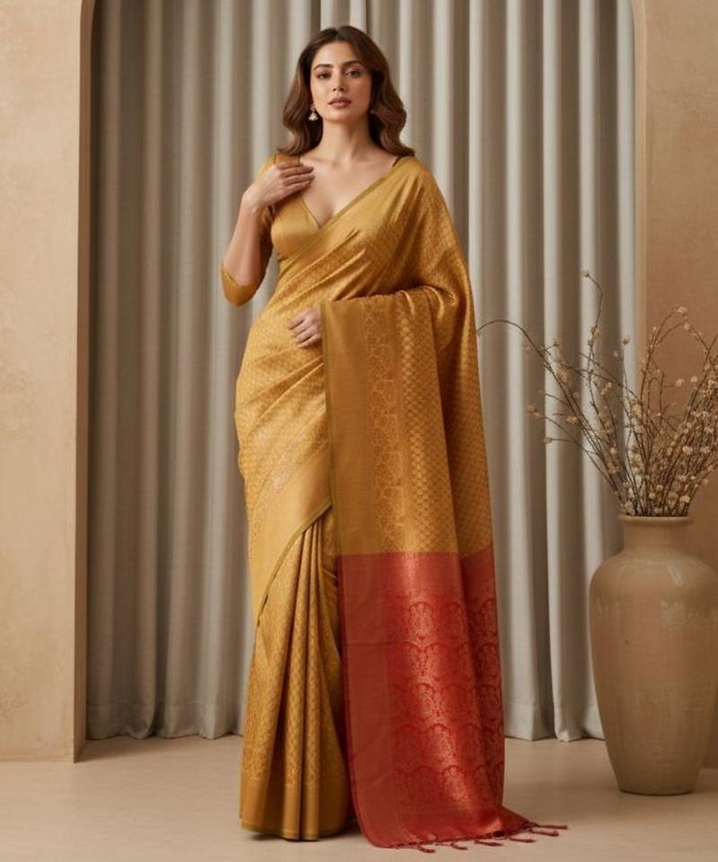 yellow color silk blend saree for graceful ceremonial looks