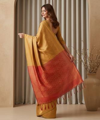 yellow color silk blend saree for graceful ceremonial looks 2