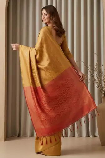 yellow color silk blend saree for graceful ceremonial looks