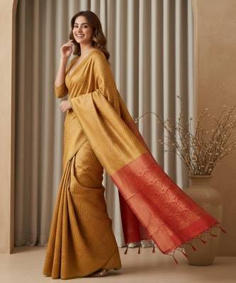 yellow color silk blend saree for graceful ceremonial looks 4
