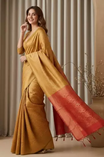 yellow color silk blend saree for graceful ceremonial looks