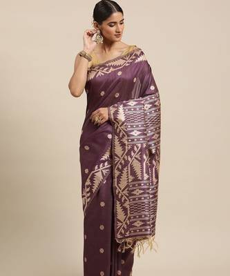 Burgundy & Beige Ethnic Motifs Bhagalpuri Saree 1