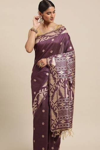 Burgundy & Beige Ethnic Motifs Bhagalpuri Saree