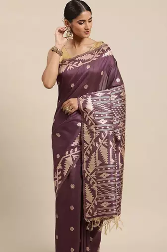 Burgundy & Beige Ethnic Motifs Bhagalpuri Saree