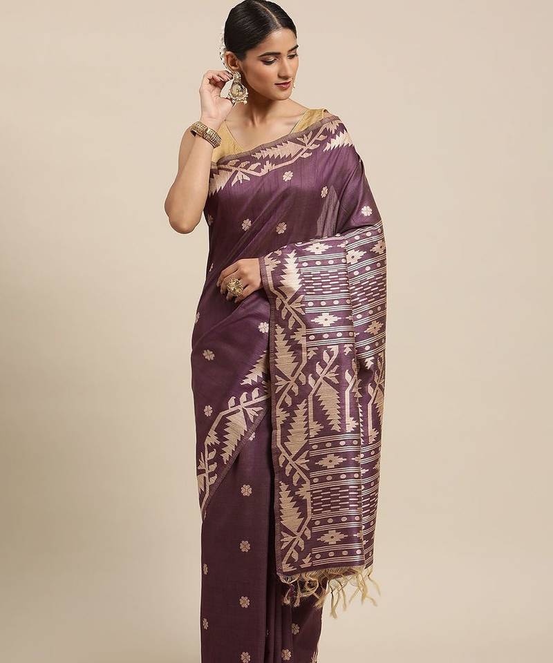 Burgundy & Beige Ethnic Motifs Bhagalpuri Saree