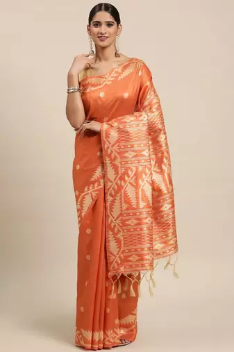Peach-Coloured & Beige Ethnic Motifs Bhagalpuri Saree