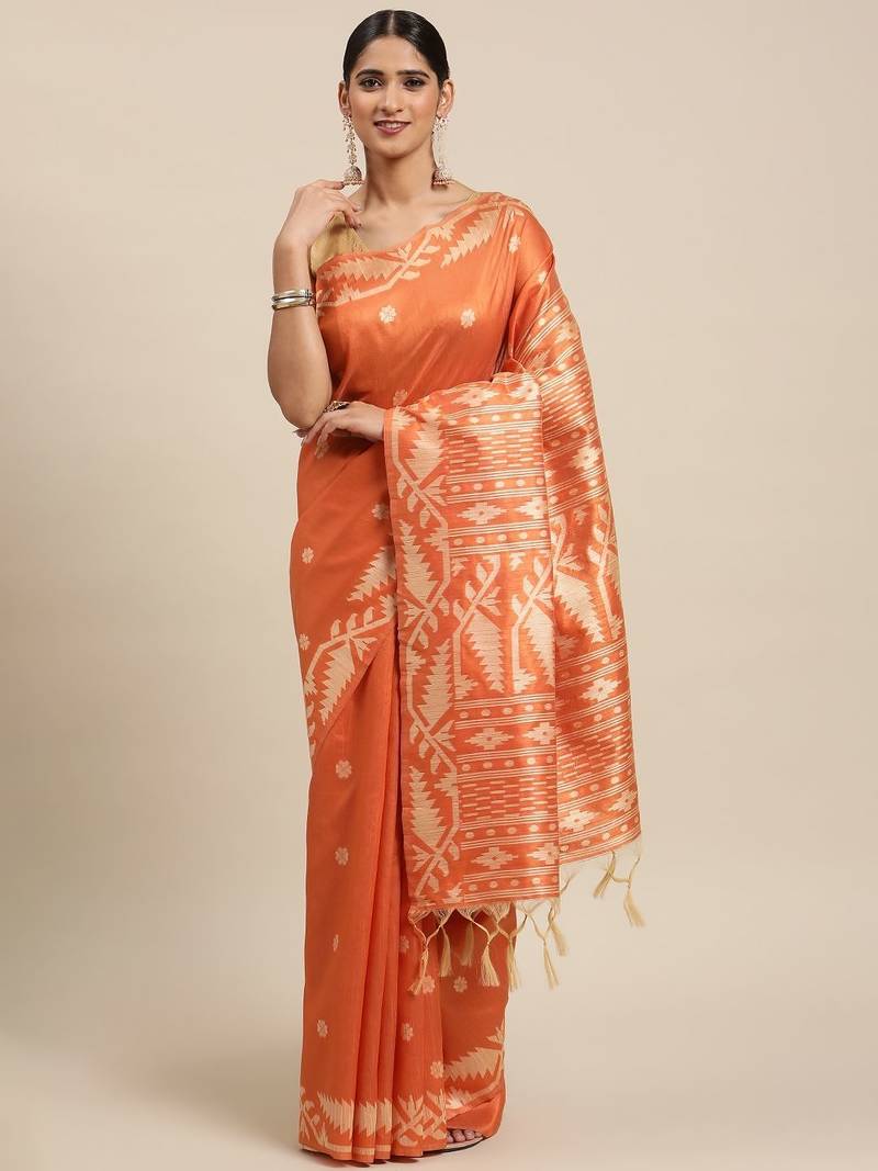 Peach-Coloured & Beige Ethnic Motifs Bhagalpuri Saree