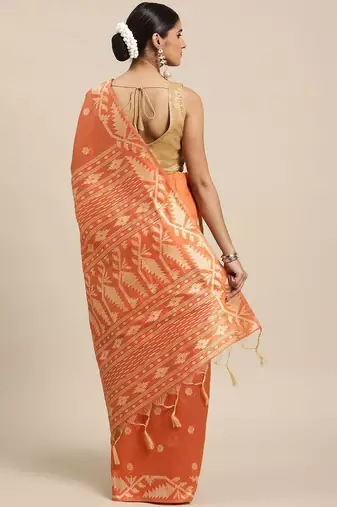 Peach-Coloured & Beige Ethnic Motifs Bhagalpuri Saree