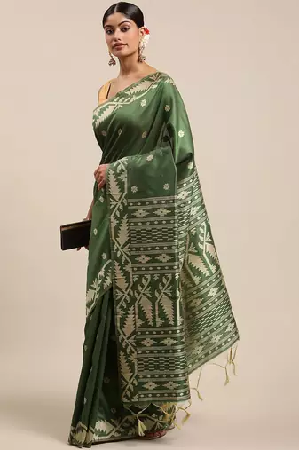 Olive Green Ethnic Motifs Bhagalpuri Saree