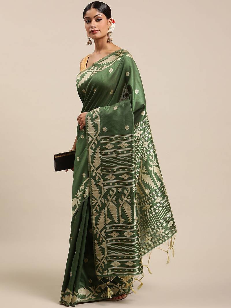 Olive Green Ethnic Motifs Bhagalpuri Saree