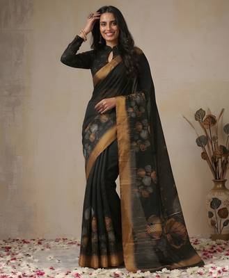 black color golden cotton blend designer printed stylish girlie saree 1