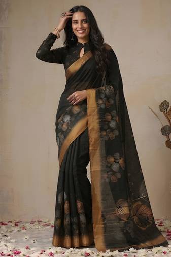 black color golden cotton blend designer printed stylish girlie saree