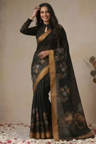 black color golden cotton blend designer printed stylish girlie saree