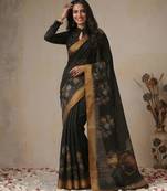 black color golden cotton blend designer printed stylish girlie saree