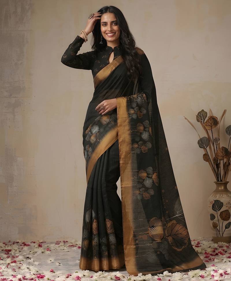 black color golden cotton blend designer printed stylish girlie saree