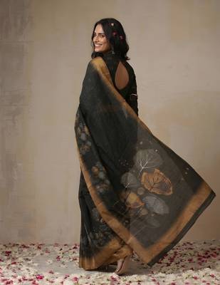 black color golden cotton blend designer printed stylish girlie saree 2