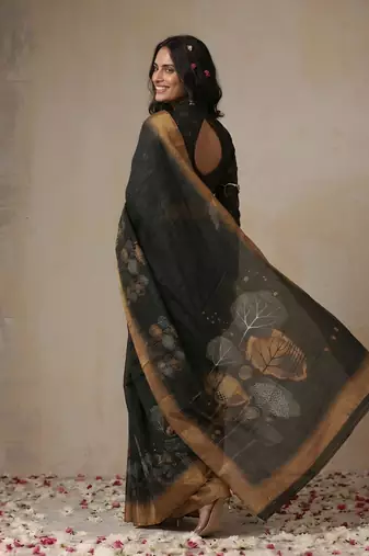 black color golden cotton blend designer printed stylish girlie saree