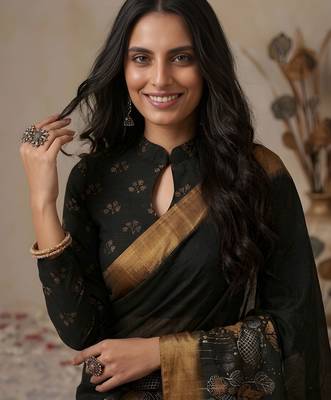 black color golden cotton blend designer printed stylish girlie saree 3