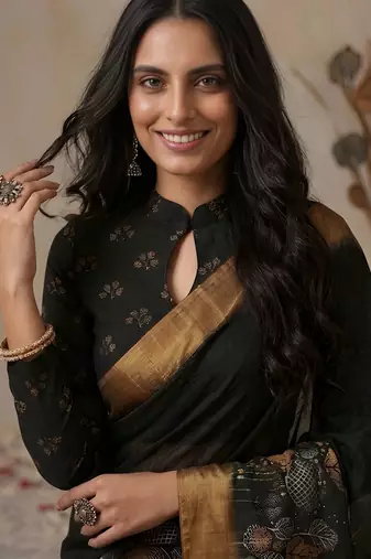 black color golden cotton blend designer printed stylish girlie saree