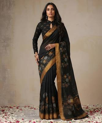 black color golden cotton blend designer printed stylish girlie saree 4