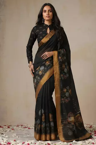 black color golden cotton blend designer printed stylish girlie saree