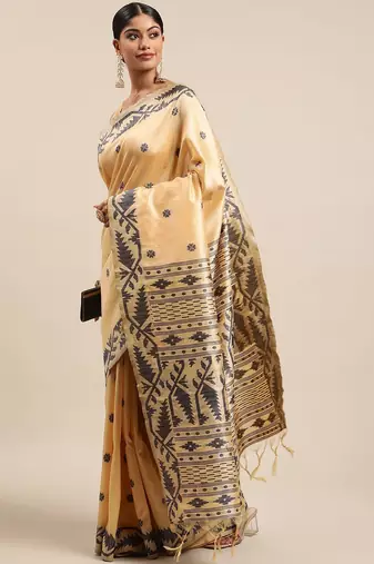 Beige & Black Ethnic Motifs Bhagalpuri Saree
